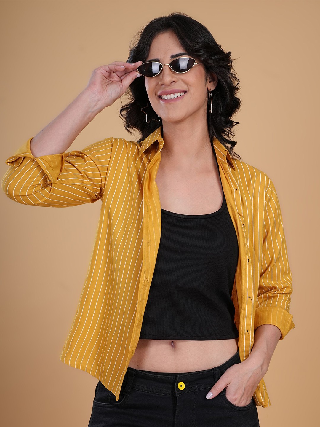 

LILY BUDS Women Spread Collar Vertical Striped Casual Shirt, Yellow