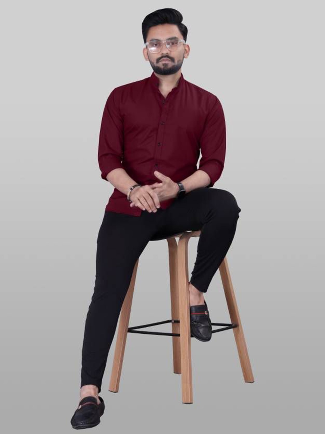 

UNIBLISS Men Slim Fit Band Collar Solid Cotton Casual Shirt, Maroon