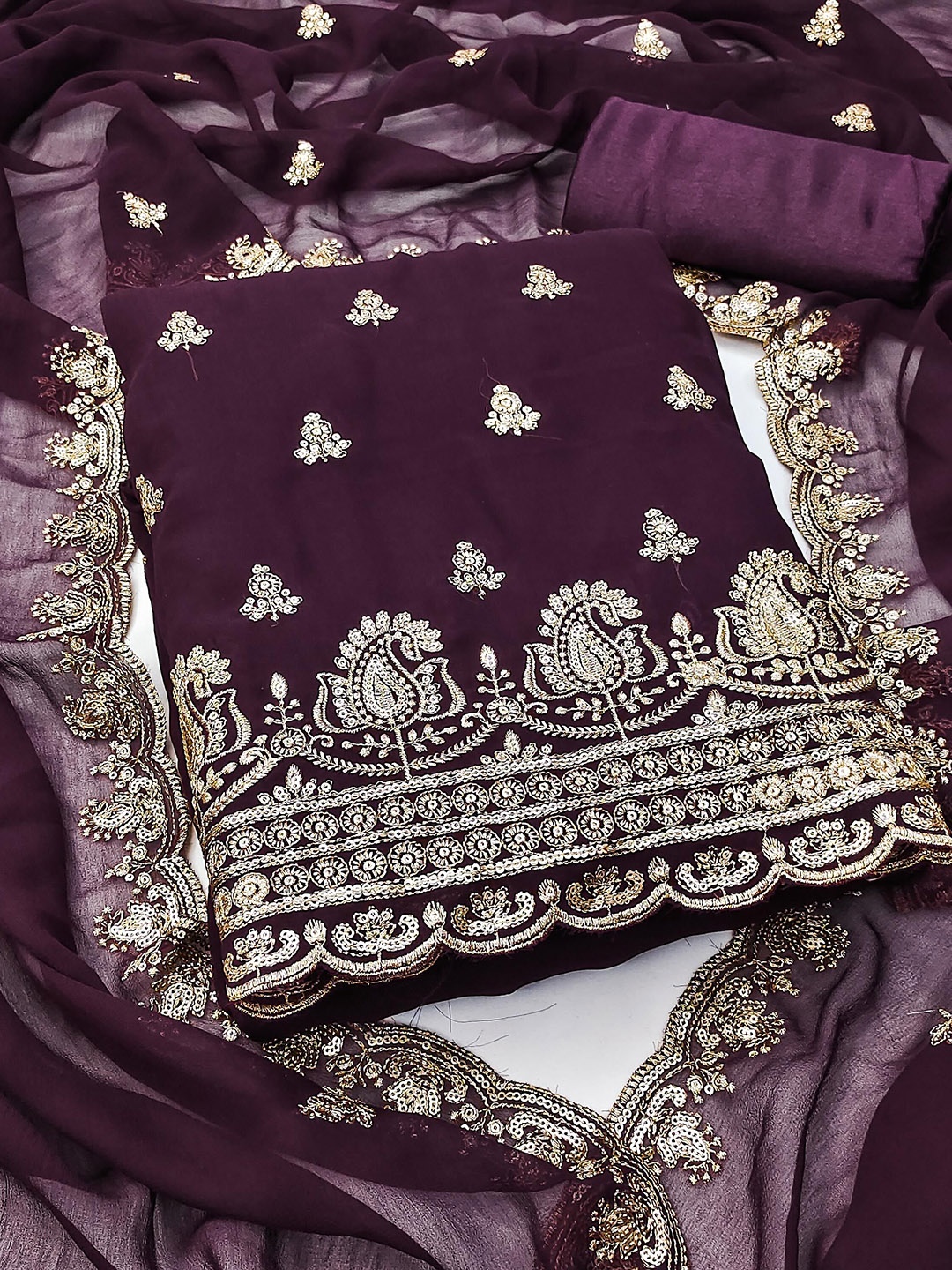 

SHADOW & SAINING Floral Embroidered Sequinned Silk Georgette Unstitched Dress Material, Burgundy