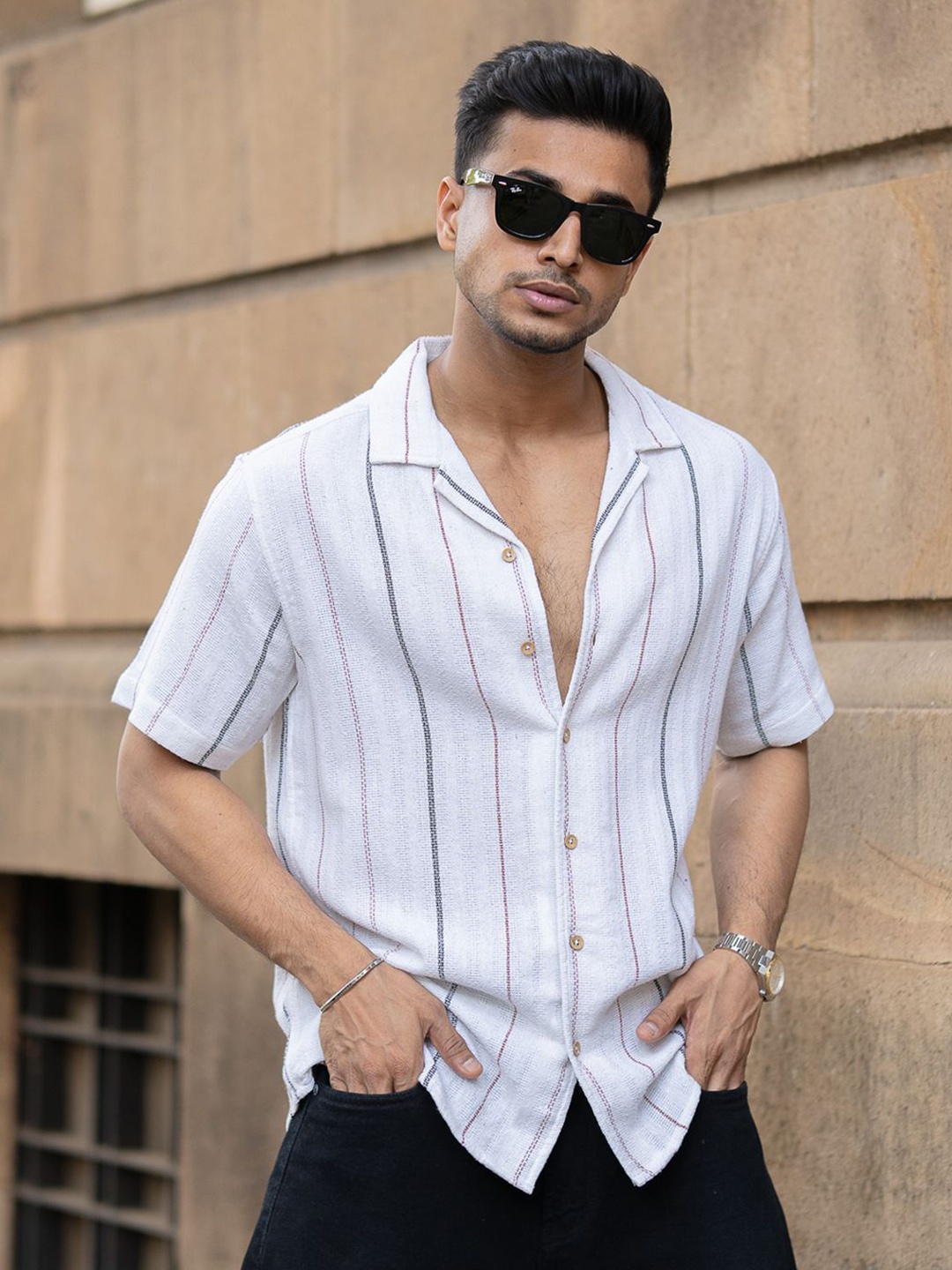 

Powerlook Men Cuban Collar Vertical Striped Casual Shirt, White