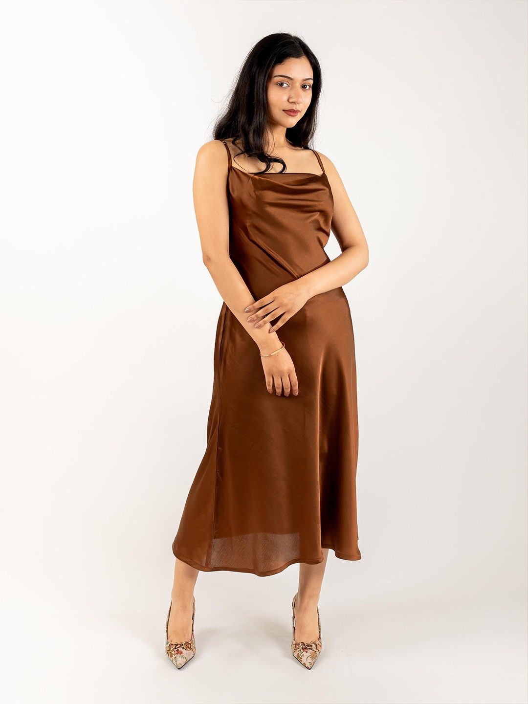

MONOMEE Women Cowl Neck Satin A-Line Midi Dress, Brown