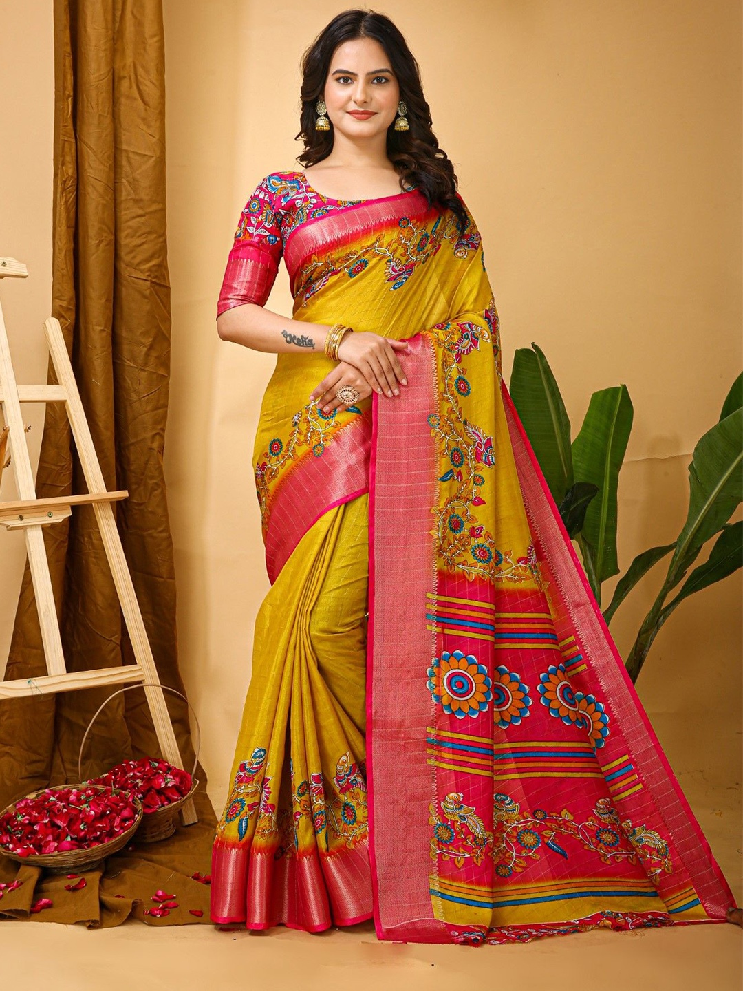 

KALINI Floral Zari Saree, Yellow