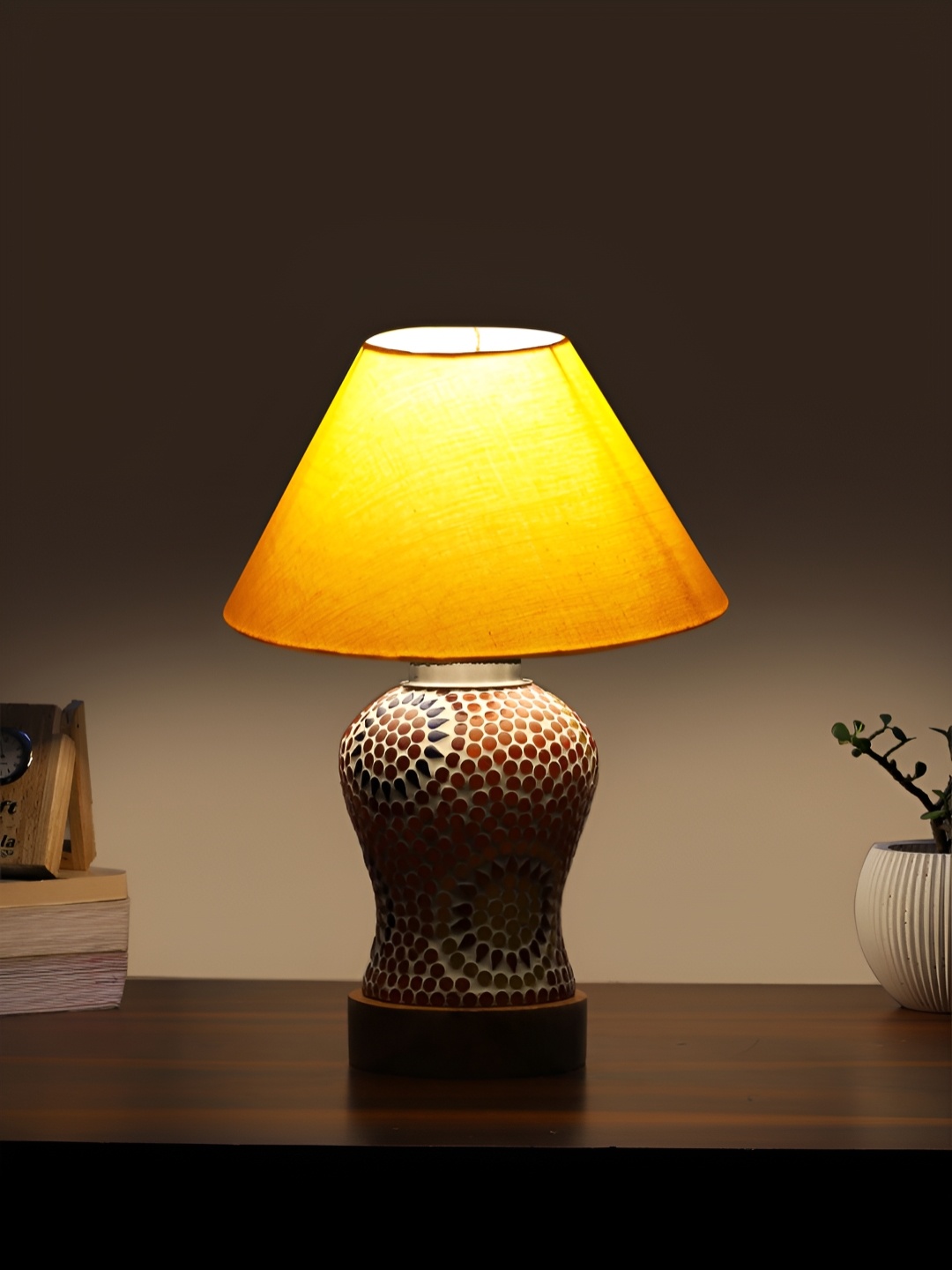 

Devansh Yellow Frustum Shaped Wooden Table Lamp With Mosaic Glass Base