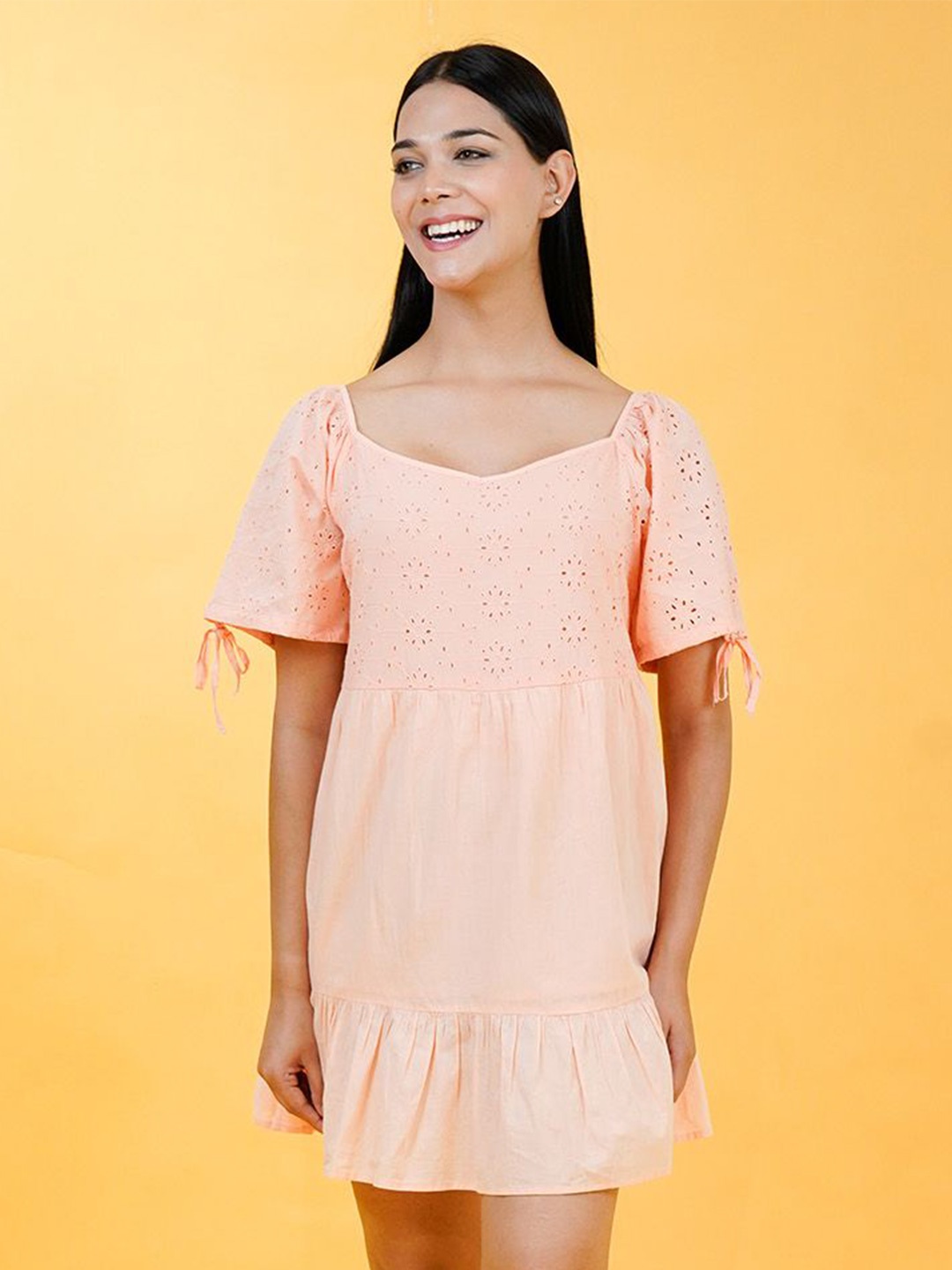 

COSMIC TRIO Women Schiffli A-Line Dress, Peach