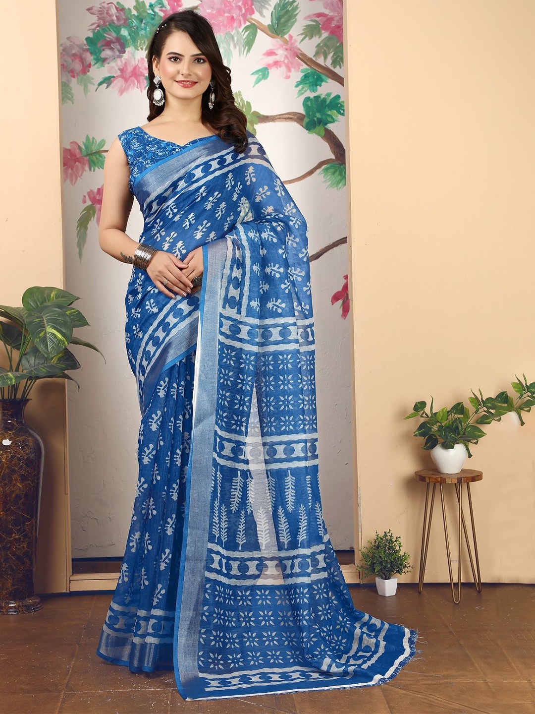 

Mitera Ethnic Motifs Printed Zari Pure Cotton Saree, Blue