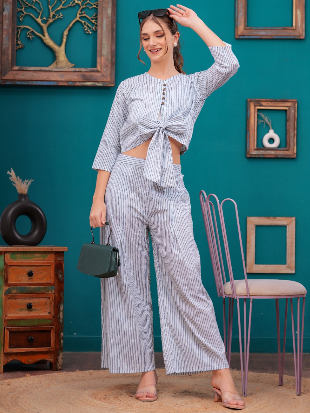 

JC4U Pure Cotton Striped Top & Palazzos, Blue