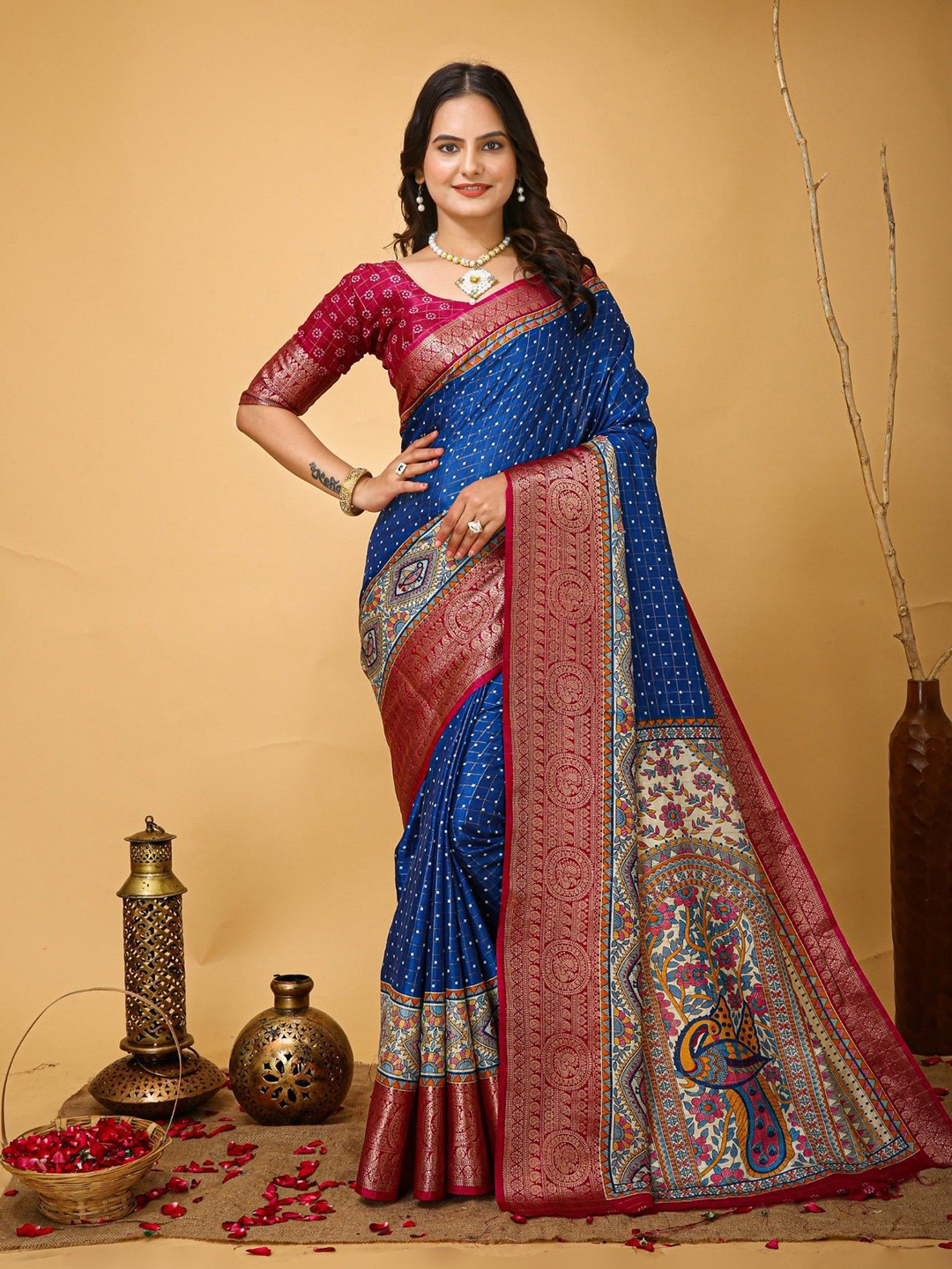 

DIVASTRI Polka Dot Woven Design Printed Zari Saree, Blue