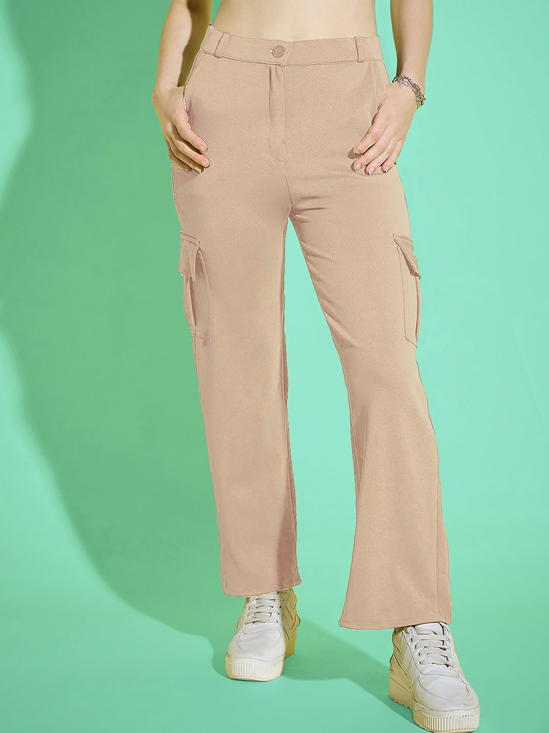 

Dream Beauty Fashion Women Loose Fit High-Rise Cargos Trouser, Beige