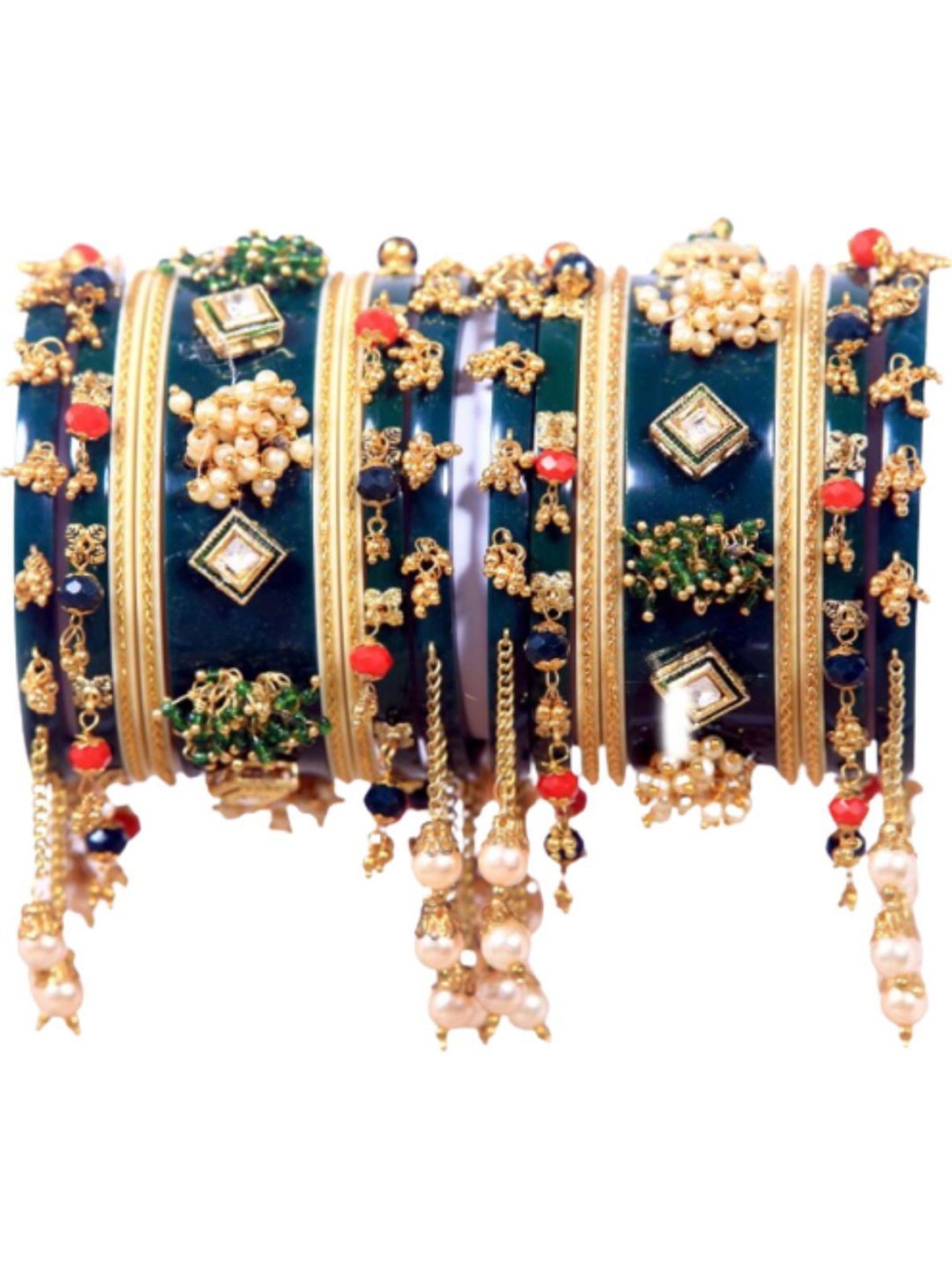 

Zindura Set Of 2 Gold-Plated Crystal-Studded & Beaded Chuda Bangles