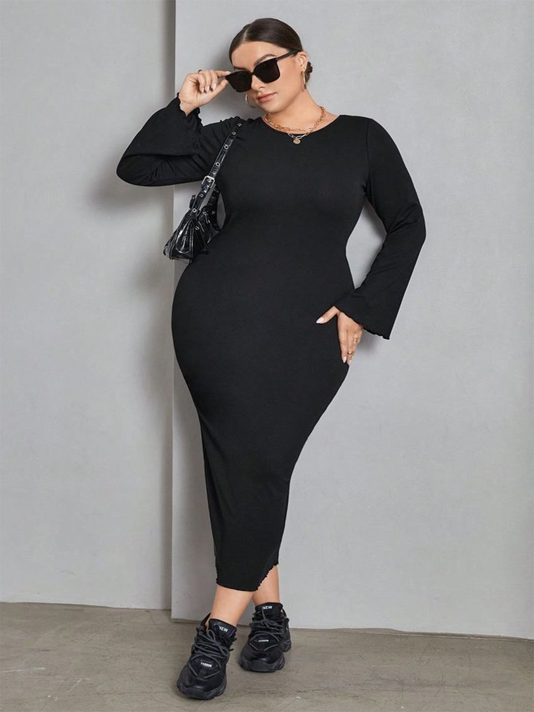 

LULU & SKY Solid Round Neck Bell Sleeves Bodycon Dress, Black