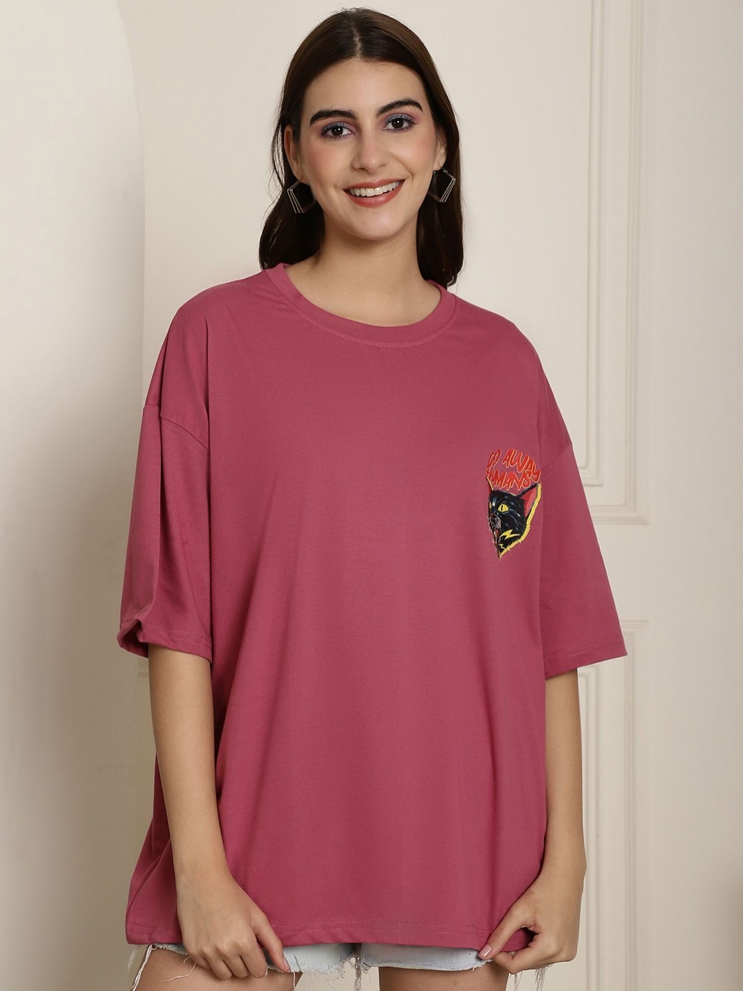 

Tromko Women Graphic Printed Round Neck Cotton Oversized T-shirt, Pink