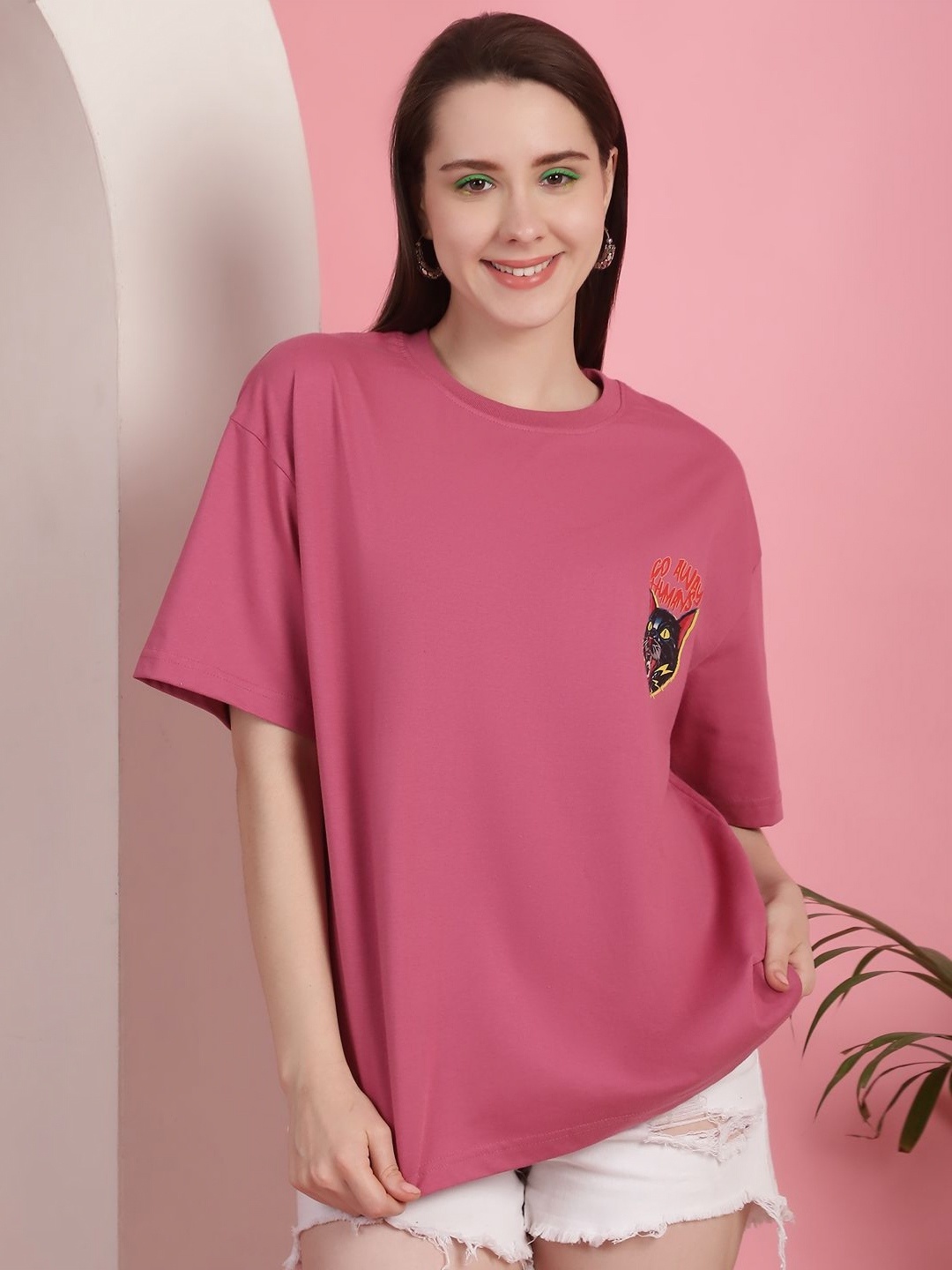 

Tromko Women Graphic Printed Round Neck Cotton Oversized T-shirt, Pink