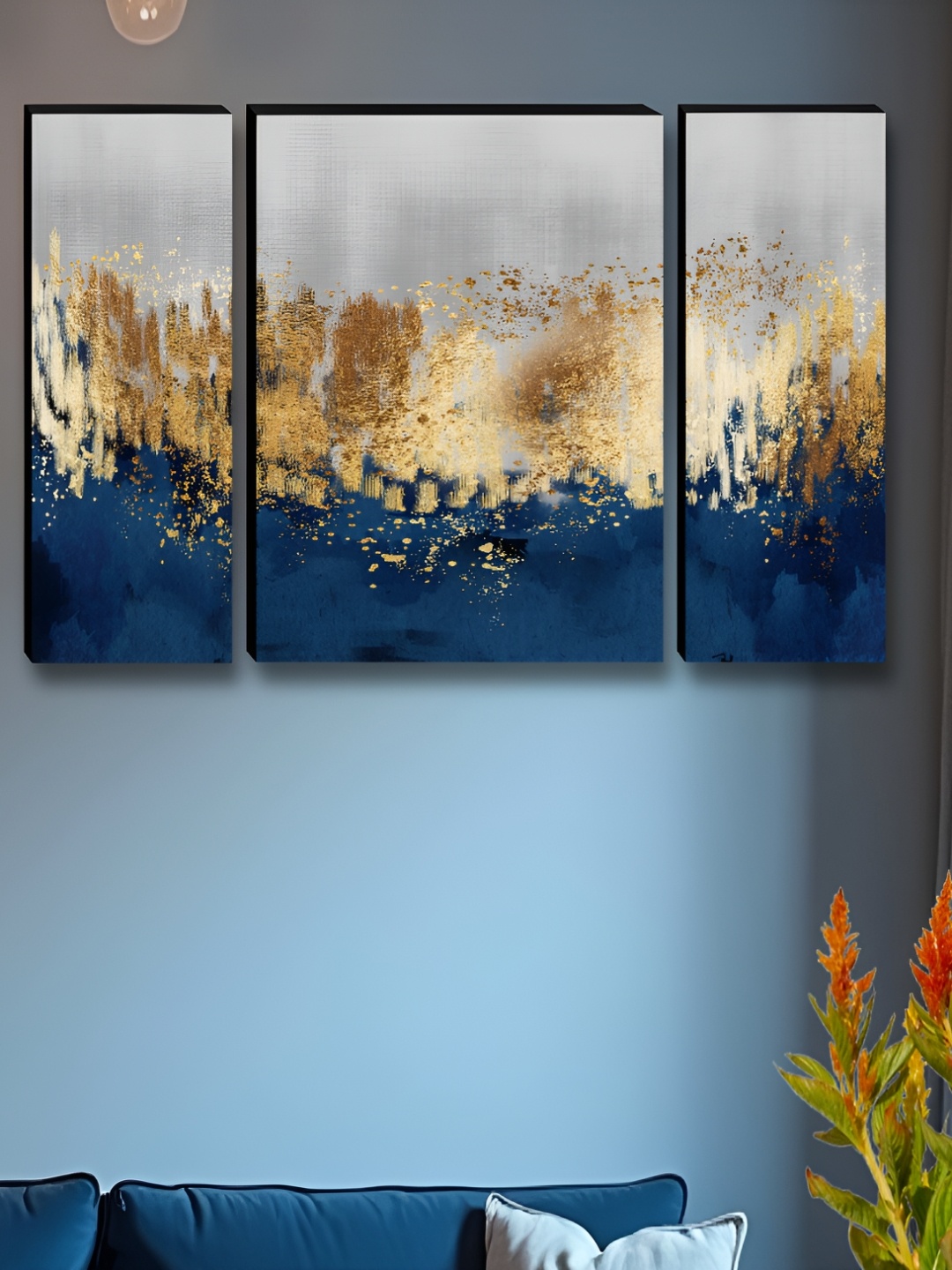 

Myntra Elegant Homes Blue & Gold-Toned 3 Pieces Abstract Wall Arts