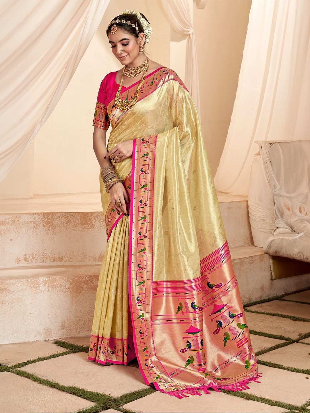 

MySilkLove Burly Wood Cream Zari Woven Paithani Tissue Saree With Unstitched Blouse Piece