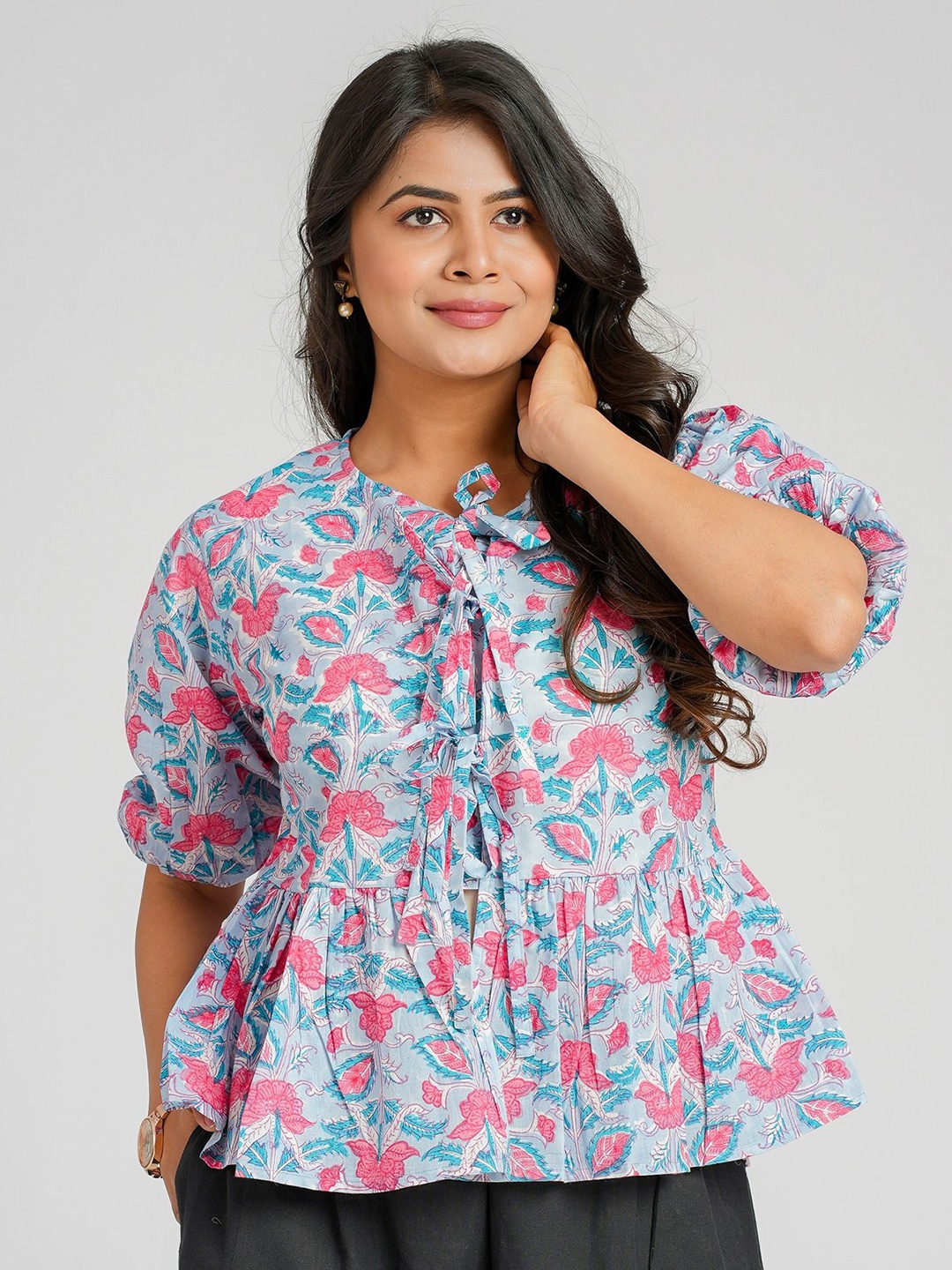 

Cotton Curio Women Cotton Block Printed Short Top, Blue