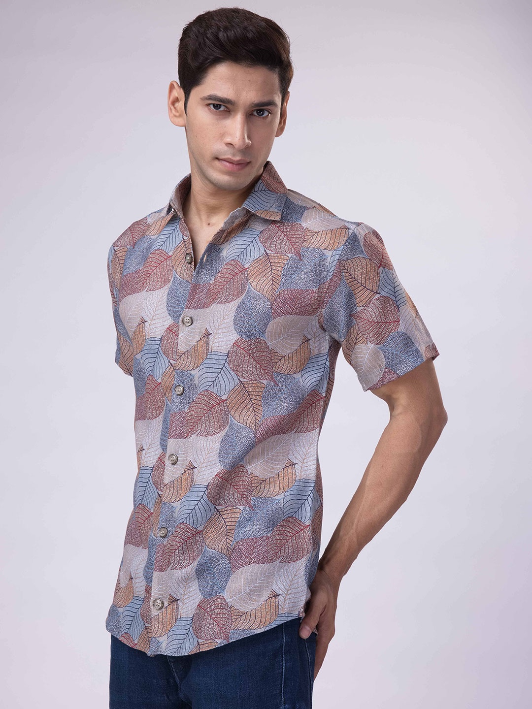 

Big Bunny Men Custom Cuban Collar Floral Printed Casual Shirts, Brown