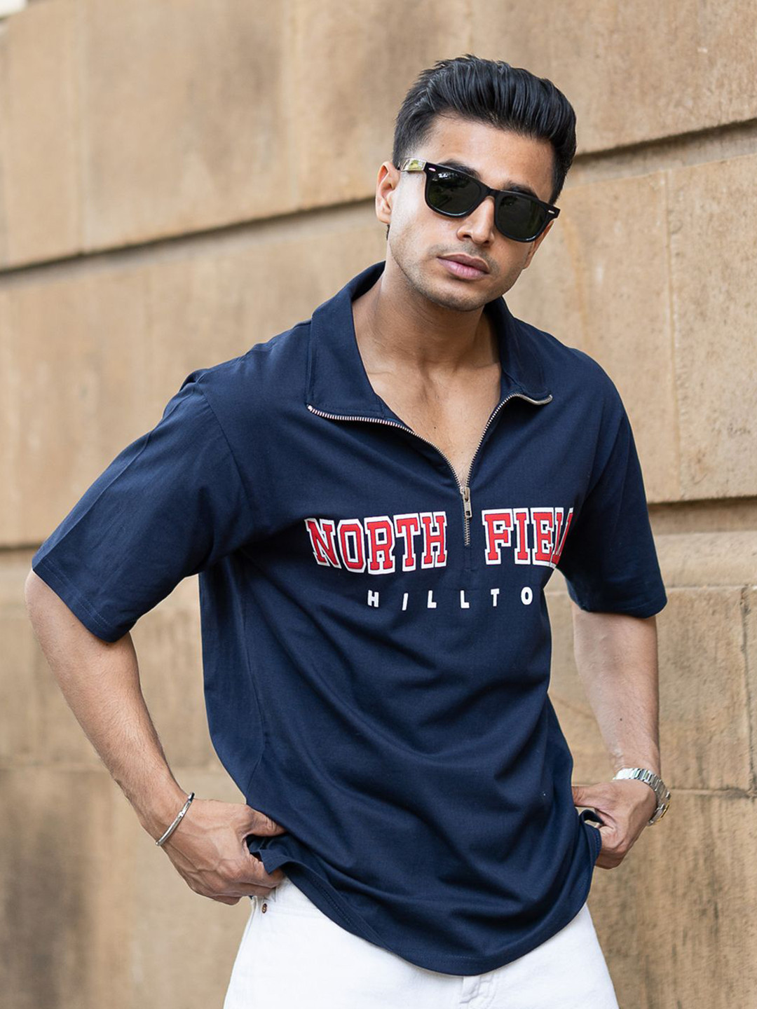 

Powerlook Men Typography Printed Polo Collar Oversized T-shirt, Navy blue