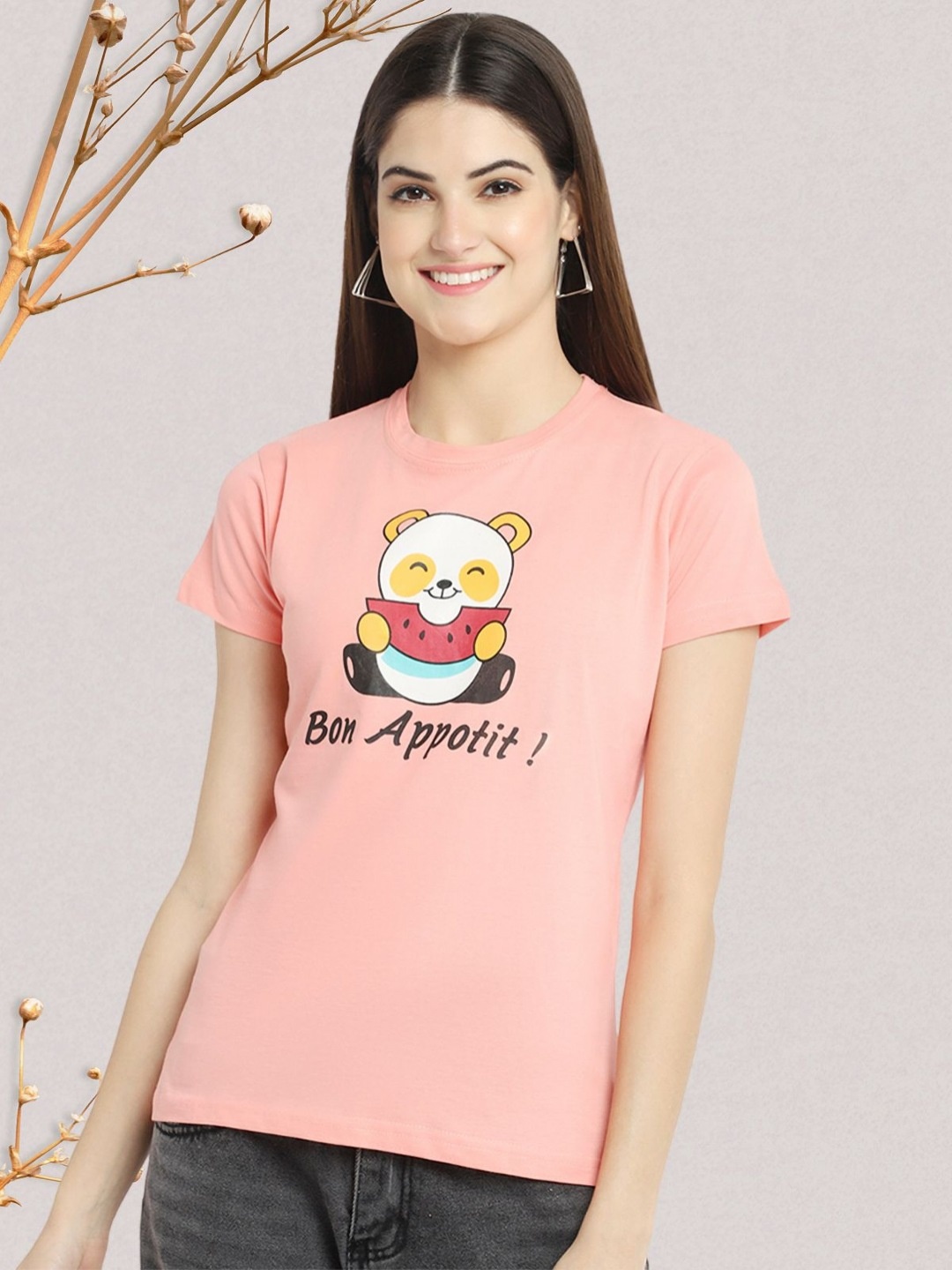 

Dreambe Women Graphic Printed Round Neck Cotton T-shirt, Peach