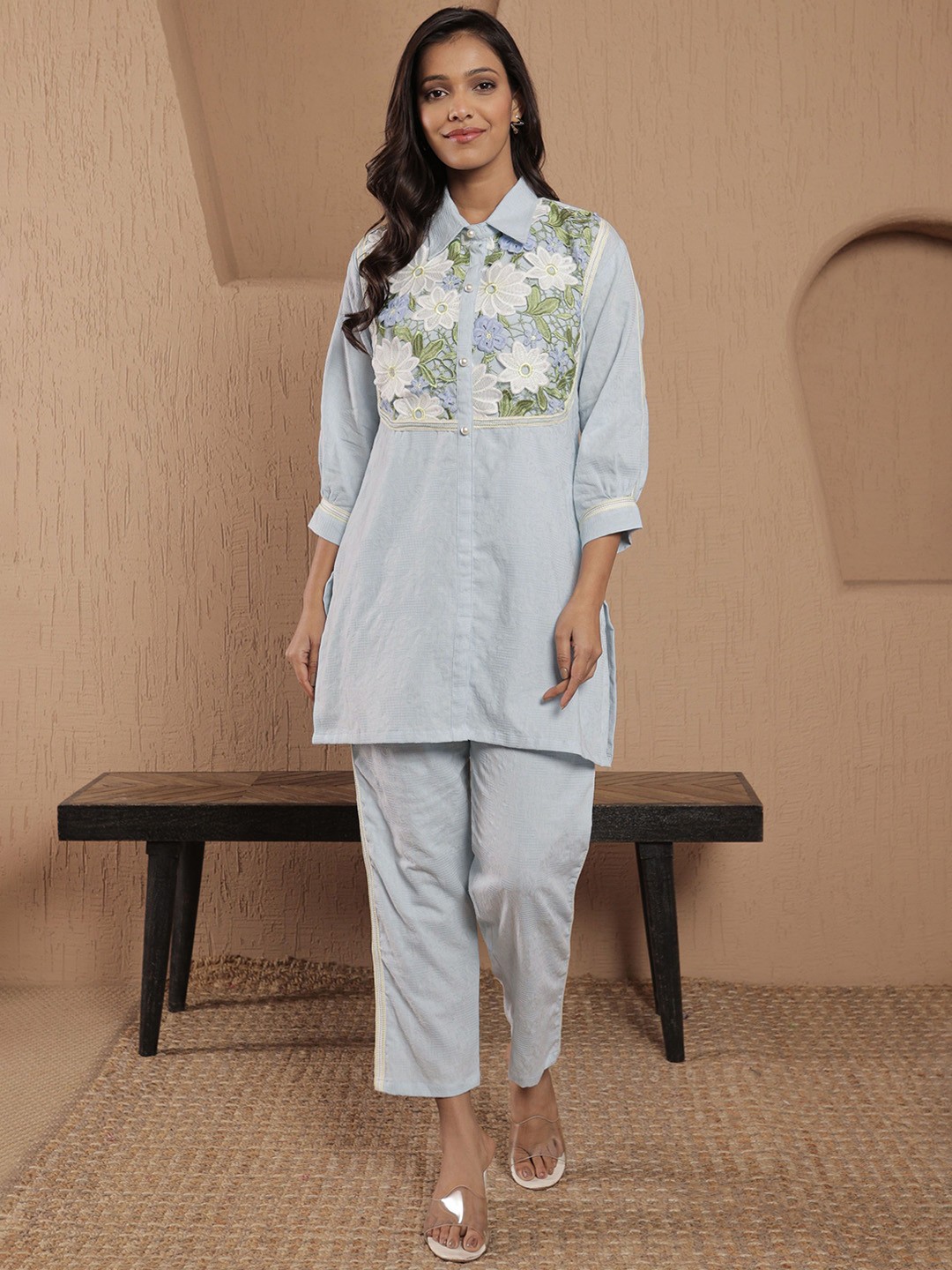 

SRIHA Embroidered Shirt Collar Pure Cotton Tunic With Trouser, Blue