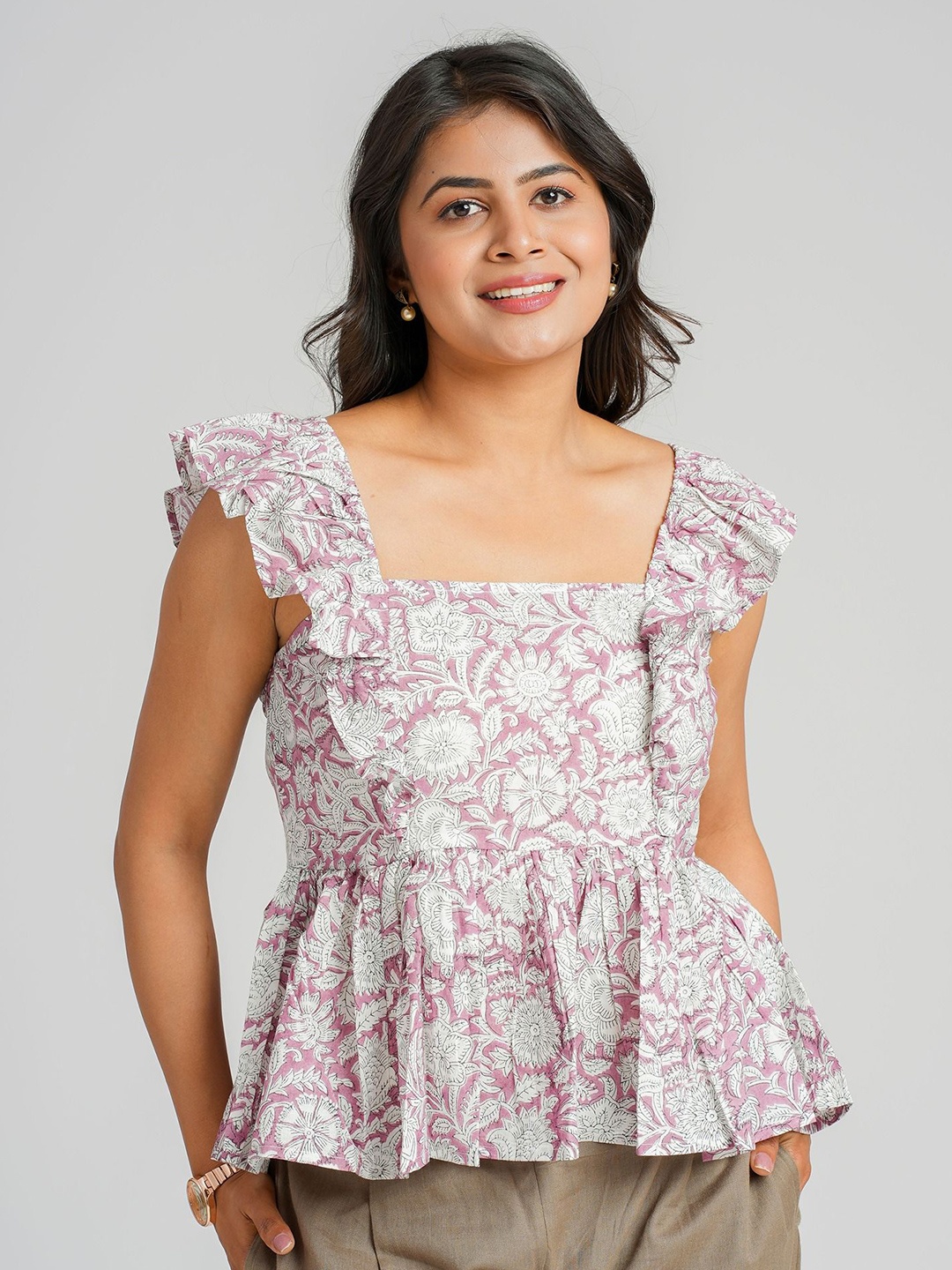 

Cotton Curio Women Cotton Floral Block Printed Peplum Top, Purple