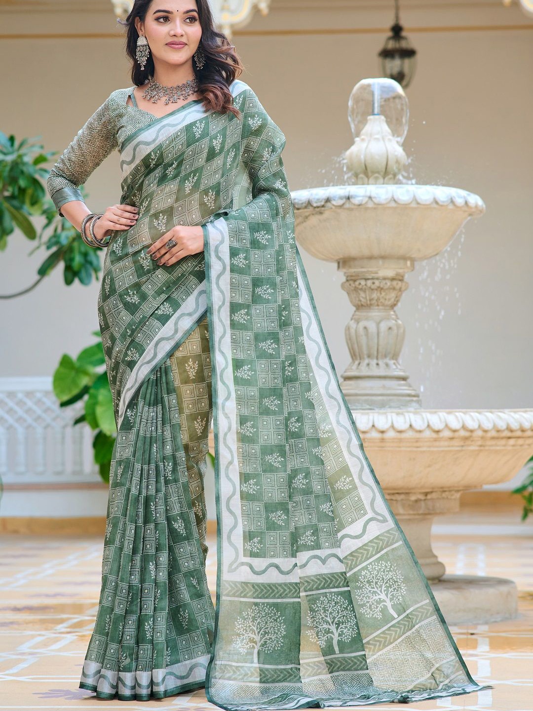 

Mitera Floral Printed Pure Cotton Saree, Green