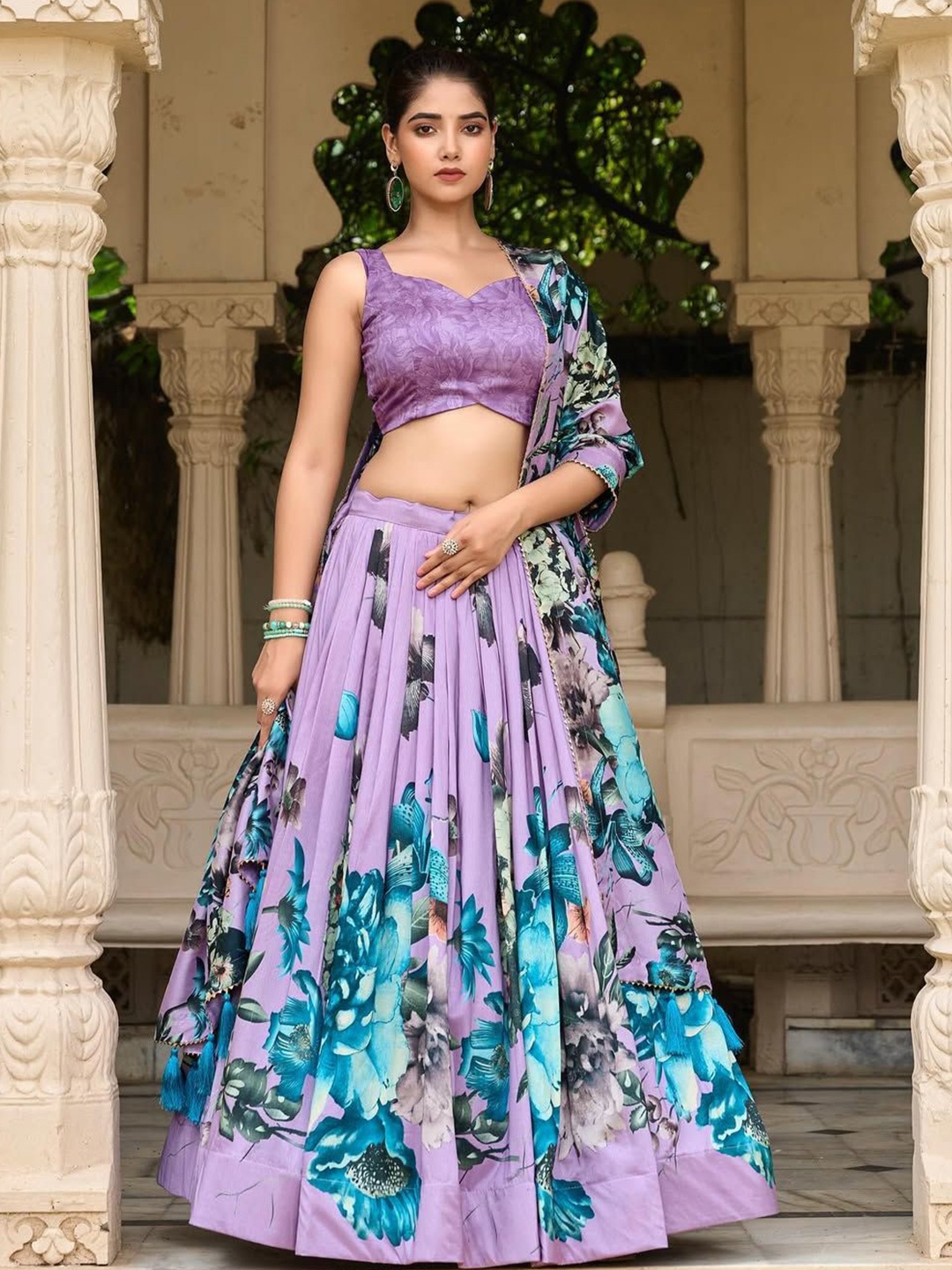

RADHVI BIZ Floral Printed Silk Ready to Wear Lehenga & Semi-Stitched Blouse With Dupatta, Purple