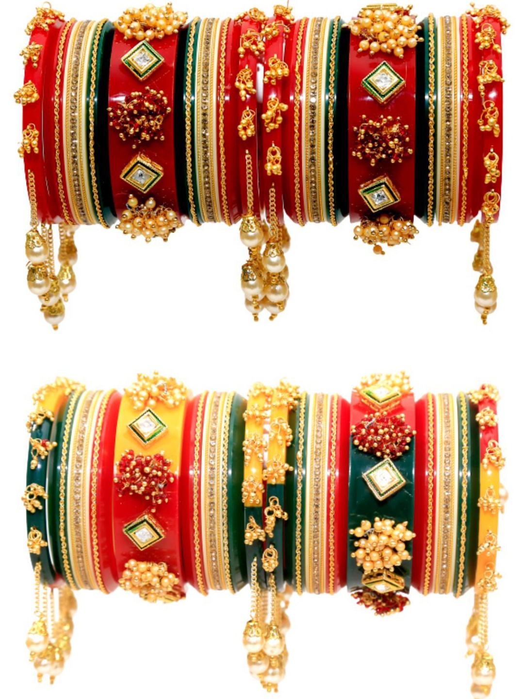 

Zindura Set of 2 Gold-Plated Artificial Stone-Studded & Beaded Chuda Bangles With Hangings