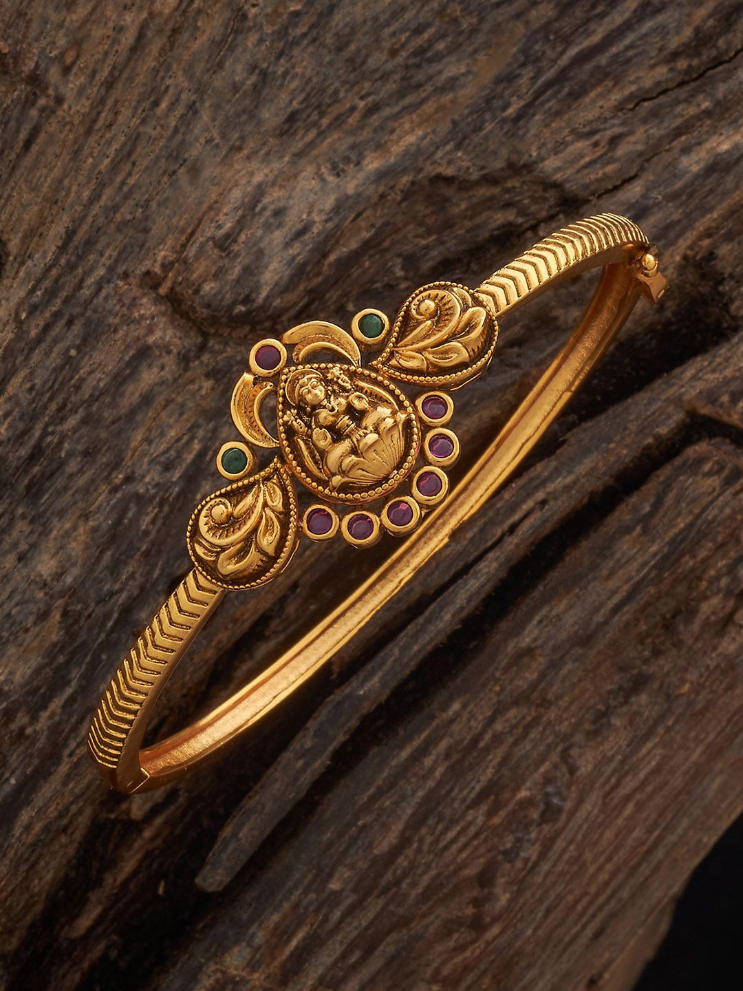 

Kushal's Fashion Jewellery Ruby-Green Gold-Plated Ethnic Antique Kada
