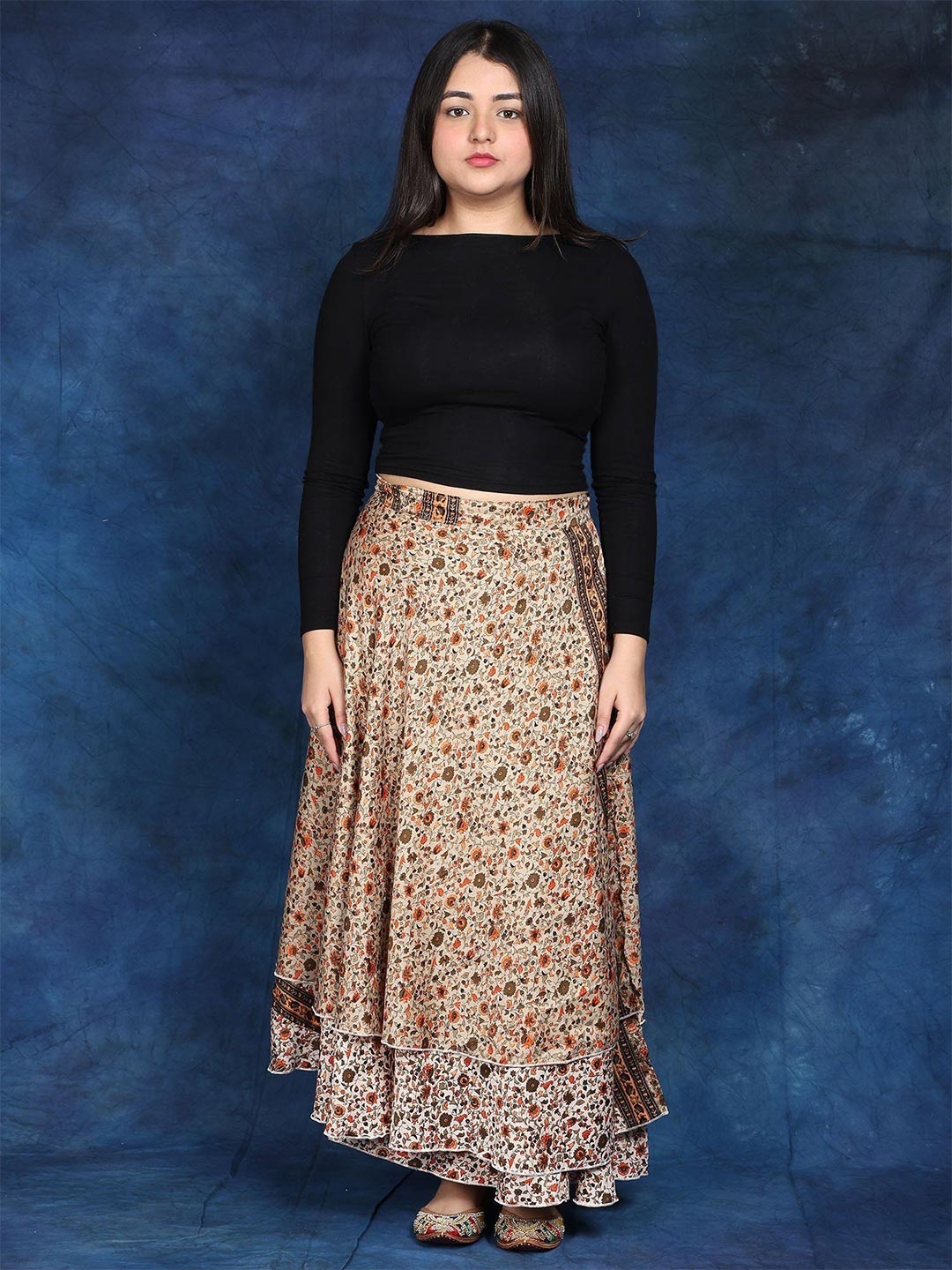 

Exotic India Women Double Layer Wrap-Around Long Skirt with Floral Print, Beige
