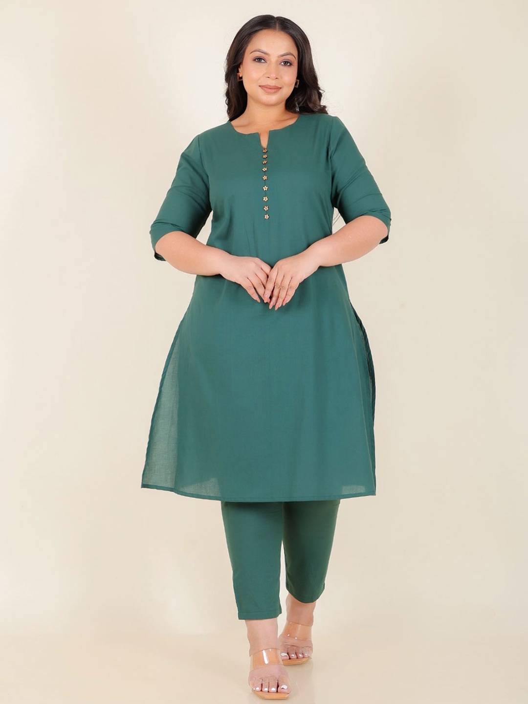 

Aramya Beads and Stones Notch Neck Pure Cotton Kurta With Trousers, Green
