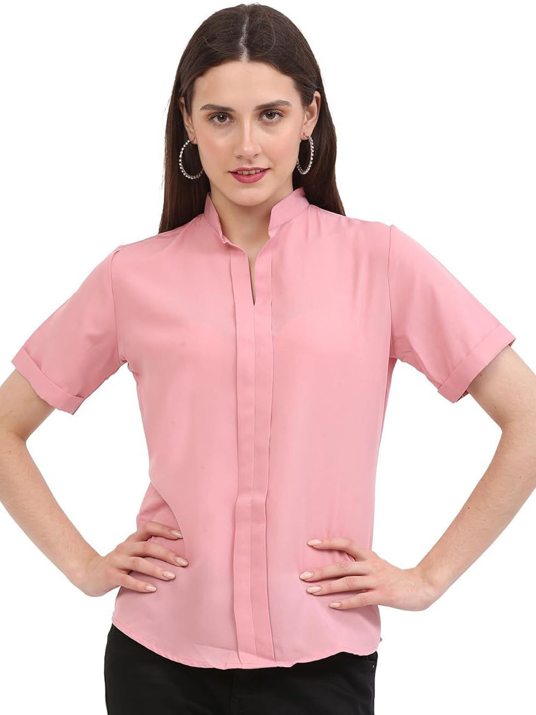

KEIRAA Women Mandarin Collar Solid Casual Shirt, Pink