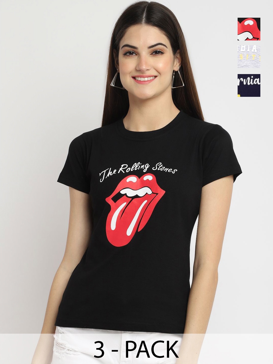 

Dreambe Women Pack of 3 Typography Printed Round Neck Cotton T-shirts, Black