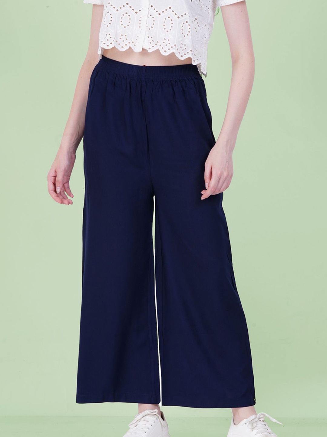 

indian flower Women Floral Knitted Palazzos, Navy blue