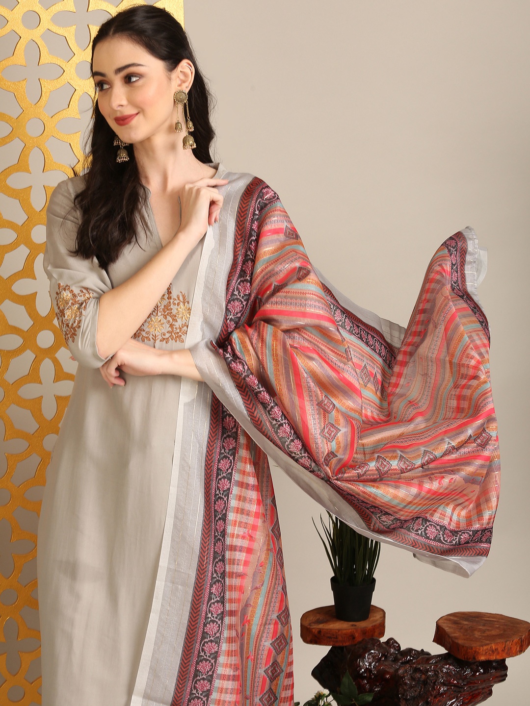 

Anouk Grey Ethnic Motifs Embroidered Straight Kurta With Trousers & Dupatta