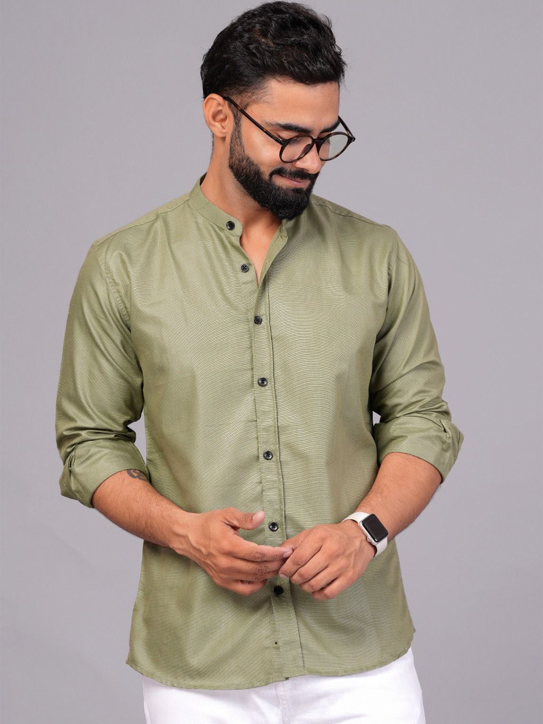 

UNIBLISS Men Band Collar Solid Cotton Casual Shirt, Olive