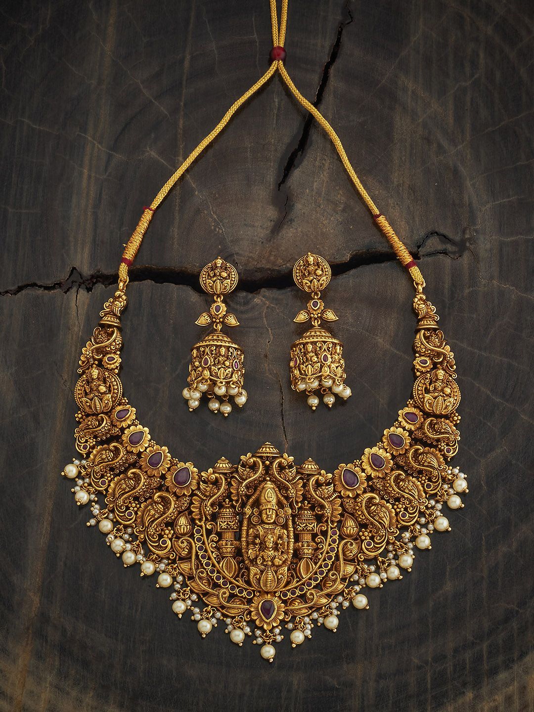 

Kushal's Fashion Jewellery Ruby Gold-Plated Ethnic Antique Jewellery Set