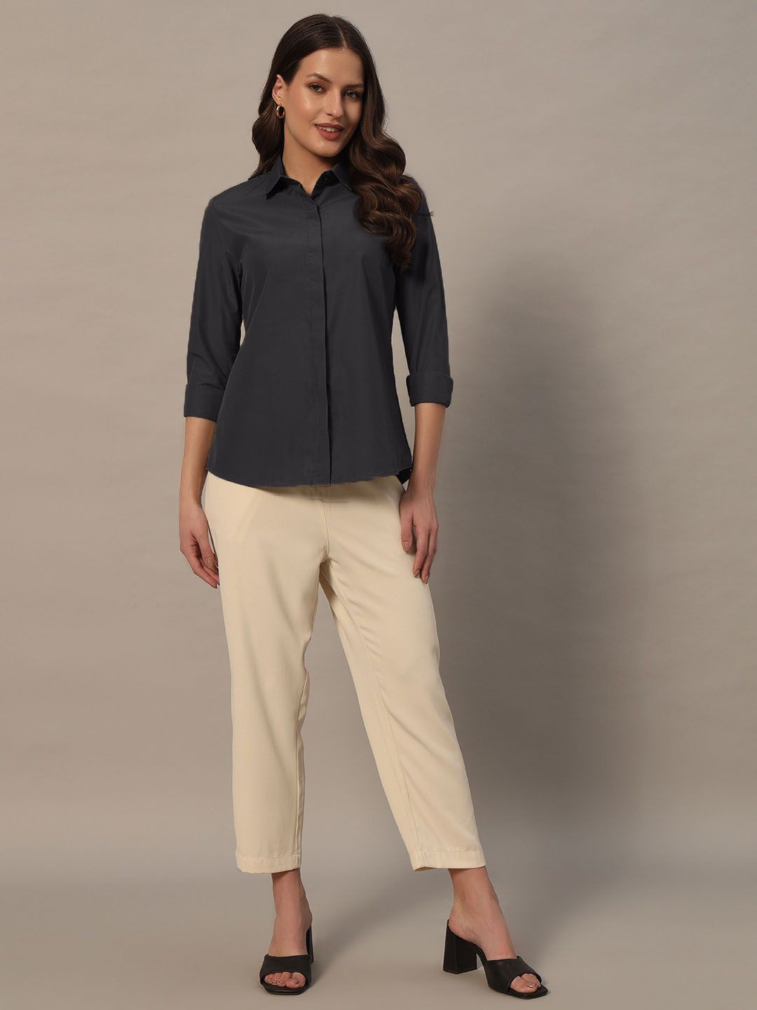 

Metronaut Women Spread Collar Solid Casual Shirt, Charcoal