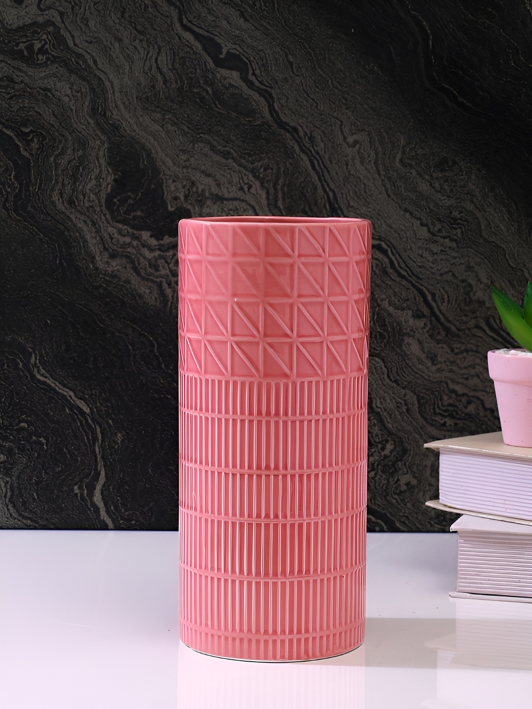 

Myntra Elegant Homes Pink Textured Blush Harmony Ceramic Vase