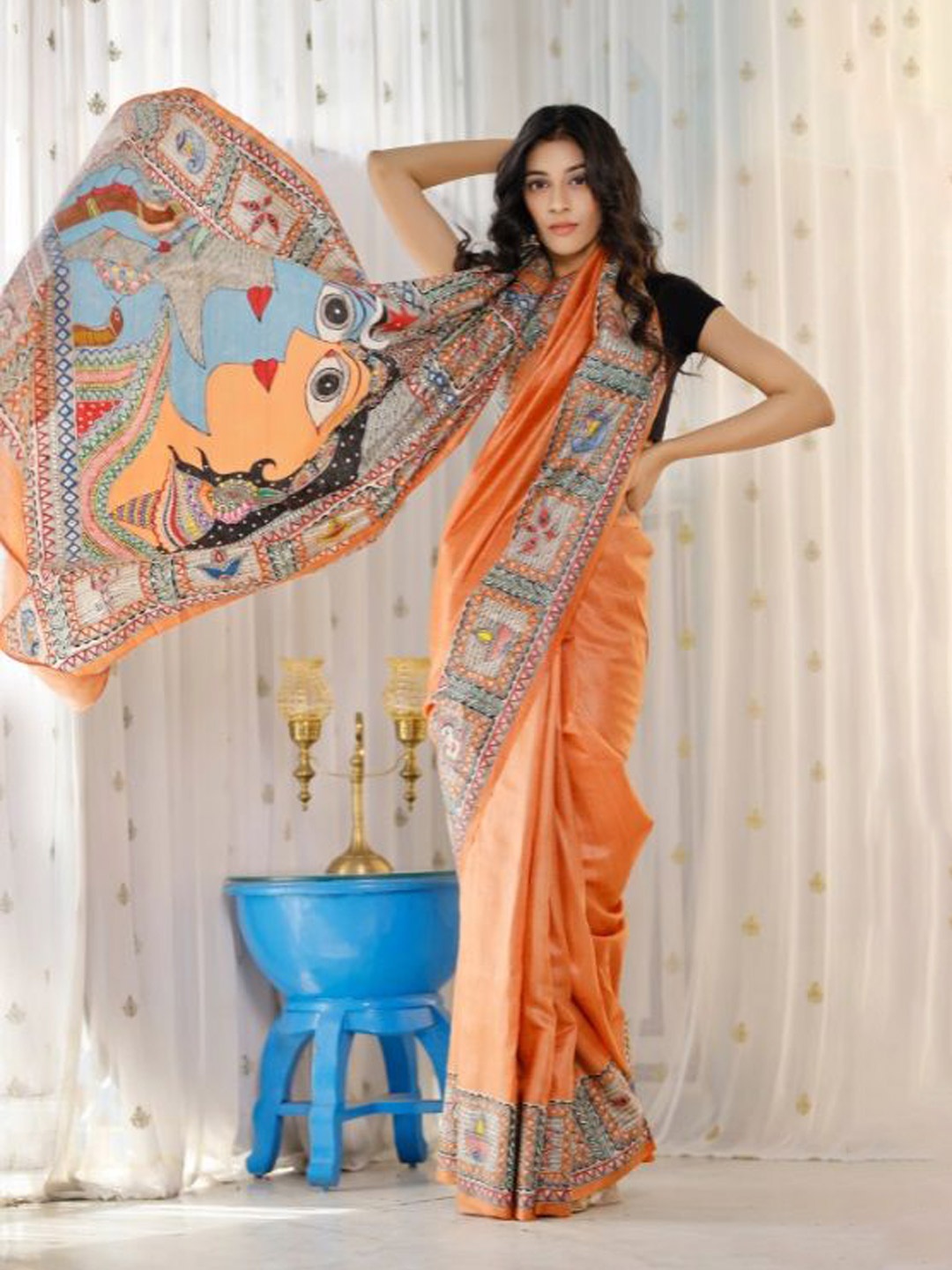 

Mitera Ethnic Motifs Printed Pure Cotton Saree, Orange