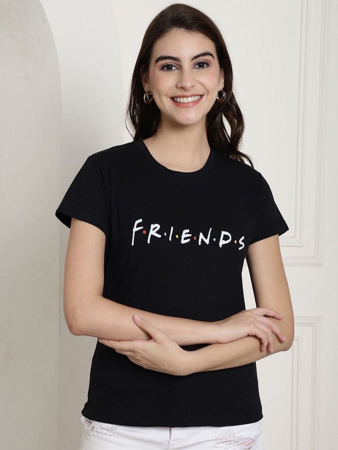 

Dreambe Women Typography Printed Round Neck Cotton T-shirt, Black