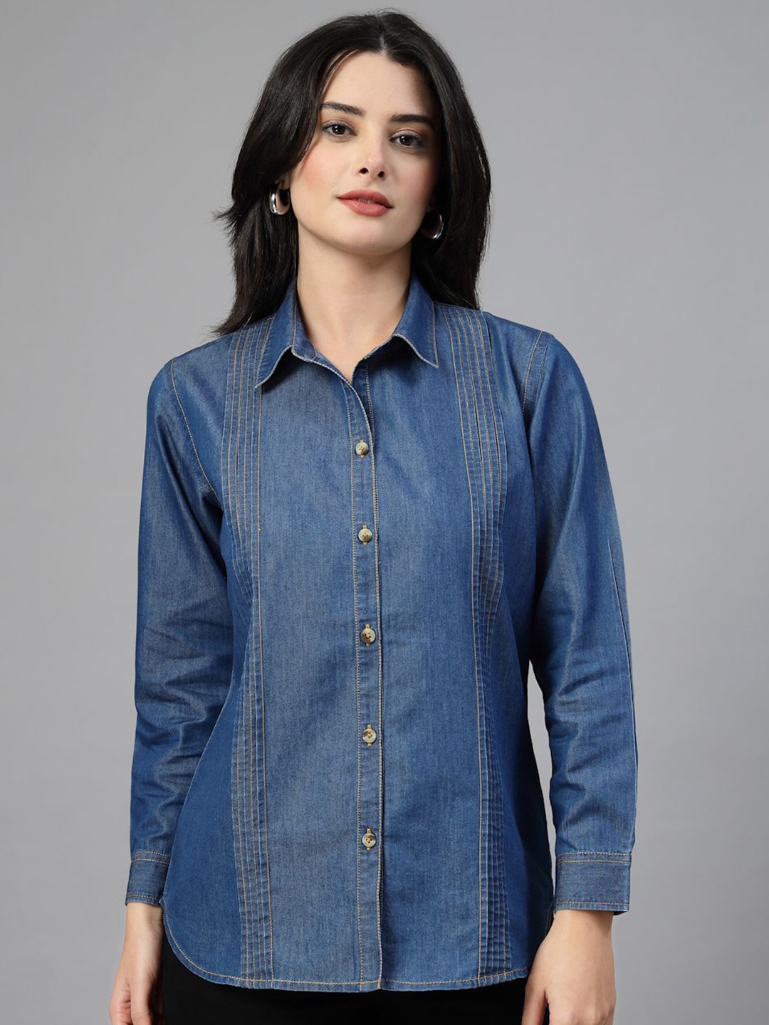 

JEFF COOPER Women Tailored Fit Spread Collar Solid Cotton Casual Shirt, Navy blue