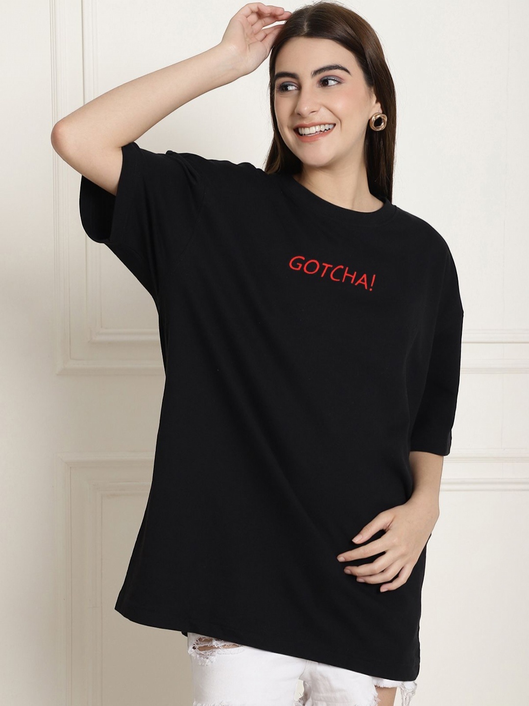 

Tromko Women Graphic Printed Round Neck Cotton Oversized T-shirt, Black