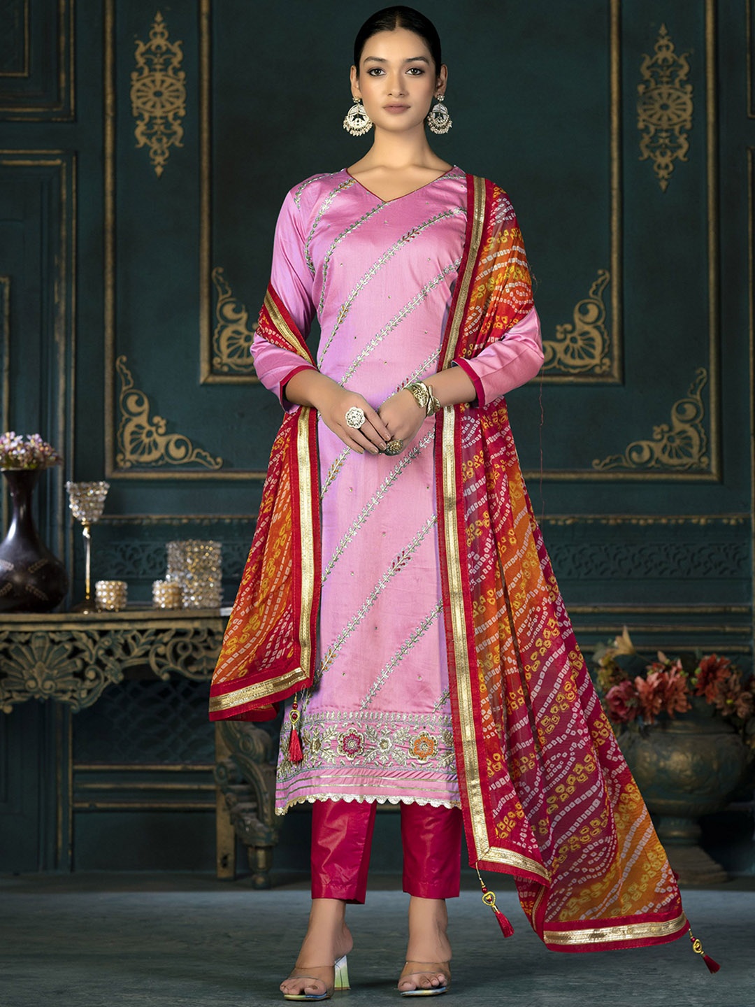 

SHADOW & SAINING Embroidered Beads & Stones Pure Cotton Semi-Stitched Dress Material, Pink