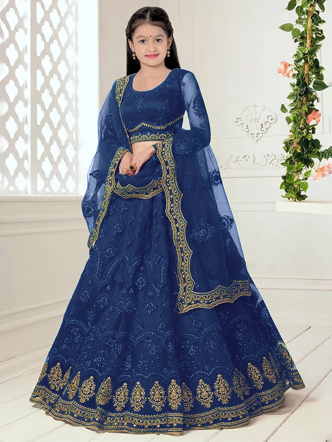 

BAESD Girls Floral Embroidered Thread Work Semi-Stitched Lehenga Choli With Dupatta, Blue