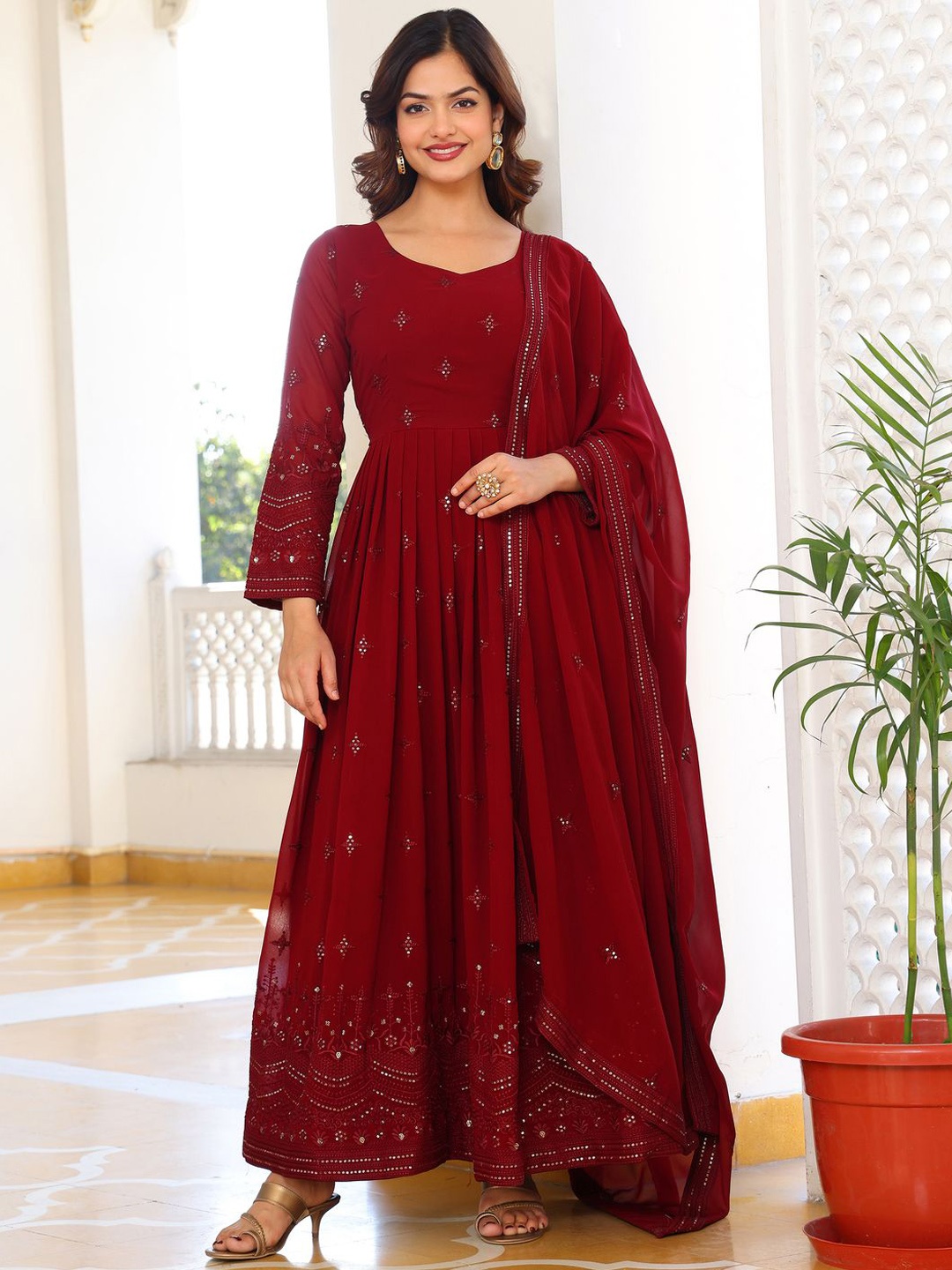 

KALINI Embroidered Sequinned Silk Georgette Anarkali Kurta with Trousers & Dupatta, Maroon