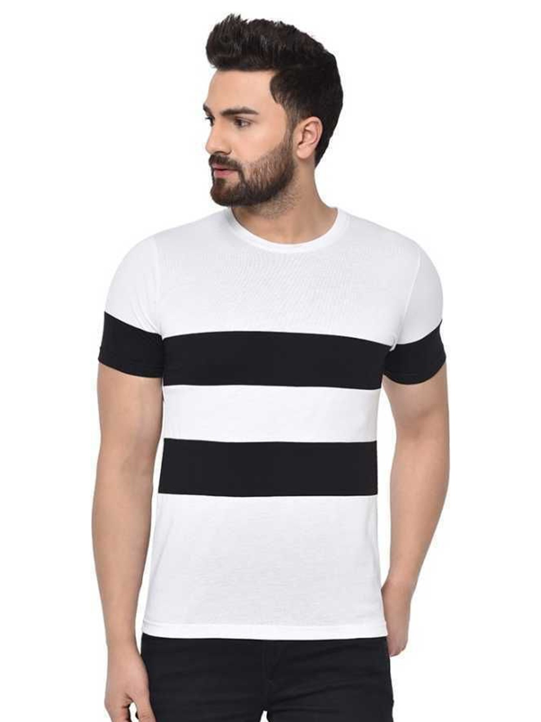 

Unicus Apparel Men Striped Round Neck Cotton T-shirt, White