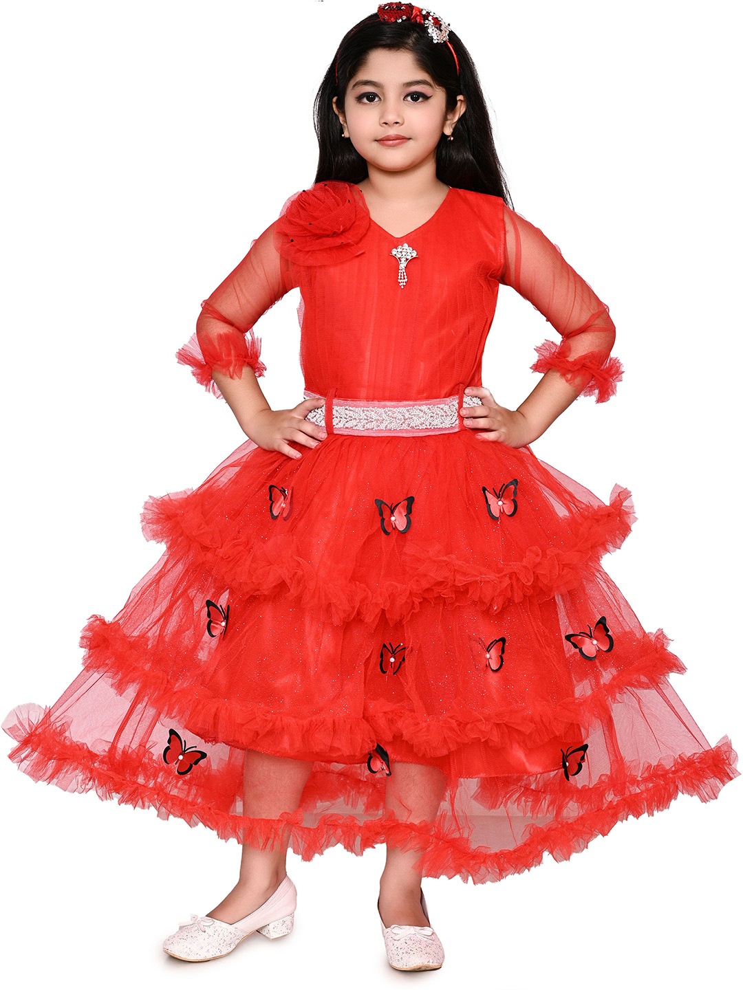 

Zenat Girl Applique Flutter Sleeve Layered Tulle Fit & Flare Dress, Red