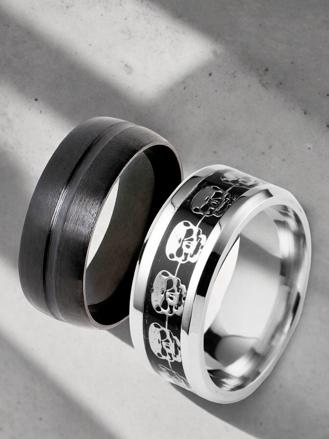 

The Roadster Lifestyle Co. Men Set Of 2 Stainless Steel Punk Skull Broad Band Rings, Silver