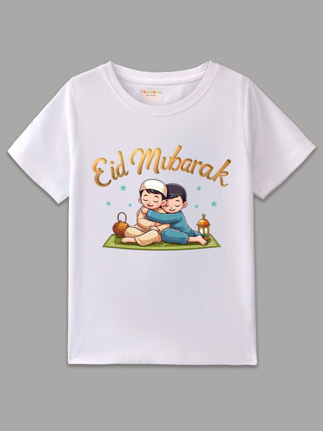 

BLUSHES Kids Graphic Eid Printed Half Sleeves Round Neck Pure Cotton T-shirt, White