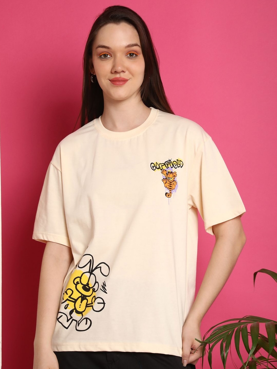 

Tromko Women Garfield Graphic Printed Round Neck Cotton Oversized T-shirt, Cream